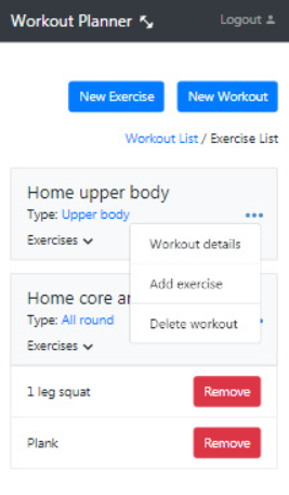 Workout Planner mobile view